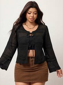 Enliva Cardigan Wanita Lengan Panjang Pendek Longgar dengan Ikat Depan Rajutan Ukuran Plus untuk Liburan, Cocok untuk Musim Dingin dan Gugur, Sedikit Transparan, untuk Bentuk Tubuh Apel & Bulat - Hitam - View 4