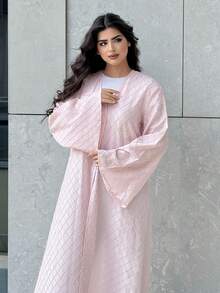 Yasmyna Áo Abaya Ả Rập dáng rộng, tay loe, màu trơn dành cho nữ - Hồng - Xem 2