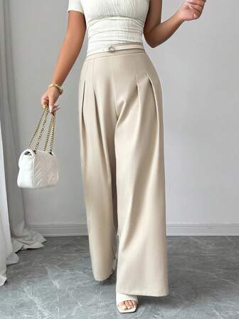 Feyla מכנסי קז'ואל רב-תכליתיים לנשים בצבע אחיד עם קפלים וגזרה רחבה