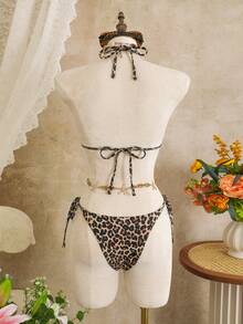 Zestiva 2026 New Spaghetti Strap Black & Brown Leopard Print Side High Cut Drawstring Thong Bikini Bottom Low Waist Side Drawstring Skort 3-Piece Sexy Swimwear Set For Women Animal Print Swim Wear Cheetah Print Two Pieces Bikini Skirt Set Cheetah Print Bathing Suit Women Leopard Set - Multicolor - View 4