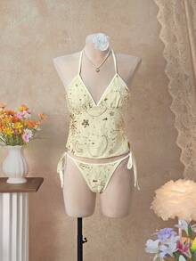 Bellisia Women's Summer Beach Sequin Patchwork Halter Tie Fashionable Tankini Swimsuit Set - Multicolor - View 1