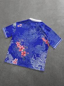 ROMWE MEN Prep 男士街头龙纹印花Polo衫，适合日常穿着，春夏款 - 藍色 - 查看 2