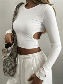 DAZY Dam Sommar Rund Hals Rygglös Ihålig Design Åtsittande Beskuren Casual Sexig Streetwear Topp Långärmad - Vitt - Visa 3