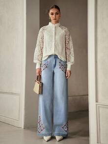 Selenza 女士花卉刺绣口袋阔腿宽松休闲百搭牛仔裤 - 藍色 - 查看 4