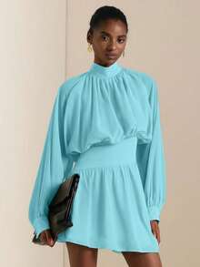 SHEIN Veneréa 秋季新款荷叶边印花长袖收腰迷你连衣裙 - 水藍色 - 查看 3