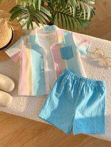SHEIN 2件套幼儿男童春夏休闲条纹短袖衬衫和短裤套装，度假风穿搭 - 藍色 - 查看 3