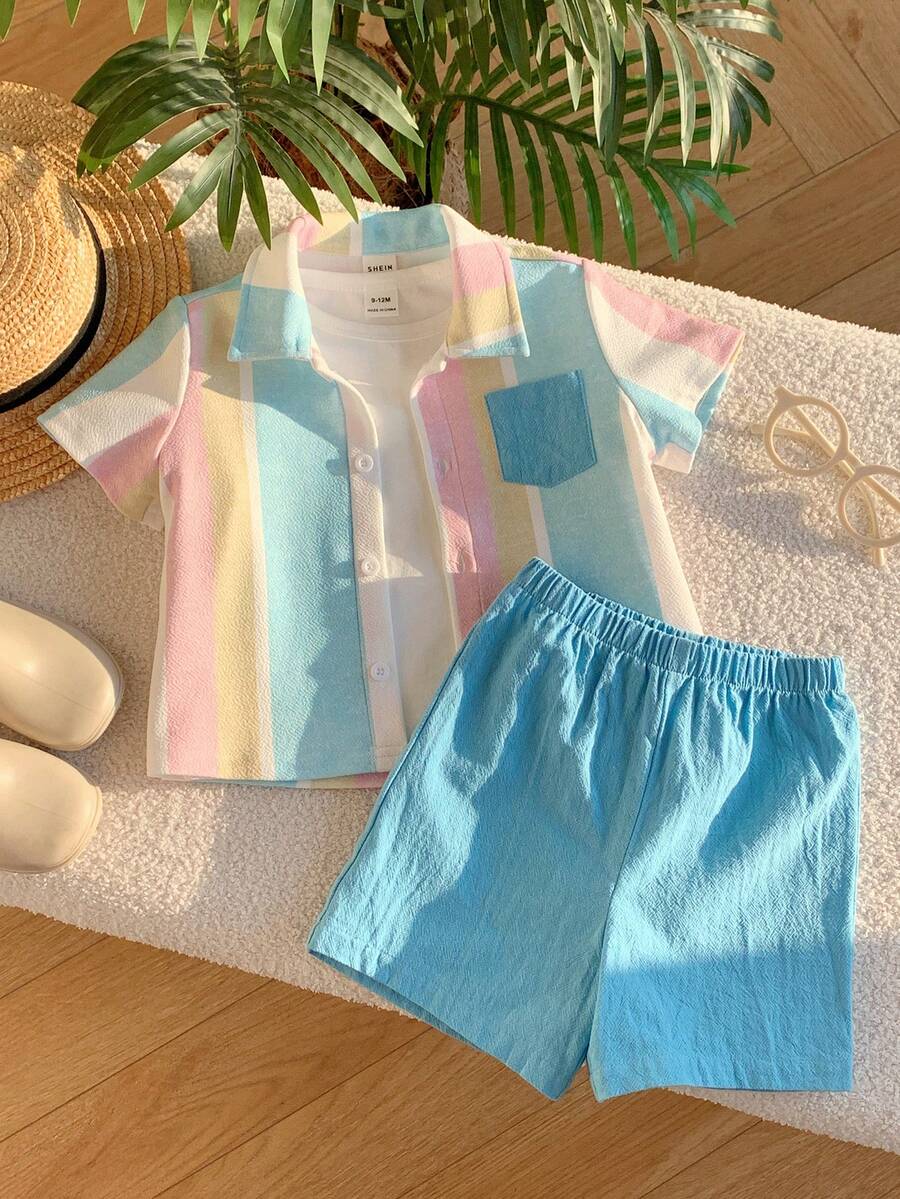 SHEIN 2件套幼儿男童春夏休闲条纹短袖衬衫和短裤套装，度假风穿搭