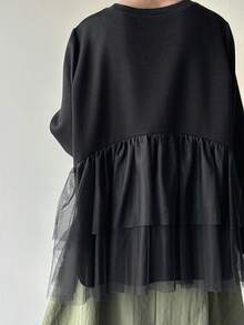 FRIFUL Women's Solid Color Mesh Patchwork Sheer Layered Loose Casual Versatile T-Shirt - Black - View 3