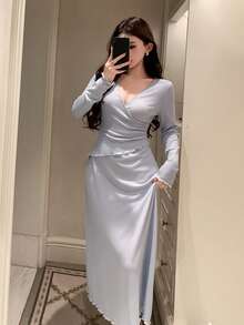 DAZY 提花针织裹腰中长连衣裙，女士家居服 - 淺藍色 - 查看 4