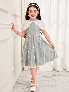 SHEIN Young Girl Woven Contrast Color Collar Mesh Patchwork Casual Dress