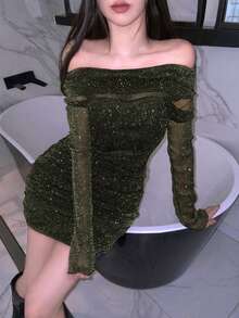 DAZY 女士网纱露肩迷你连衣裙，派对装，春夏闪亮连衣裙 - 軍綠色 - 查看 3