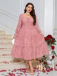 SHEIN Clasi Đầm dài tay thanh lịch, thắt eo bằng vải jacquard dành cho nữ cỡ lớn, thích hợp cho các buổi hẹn hò và tiệc tùng. - Hồng - Xem 4