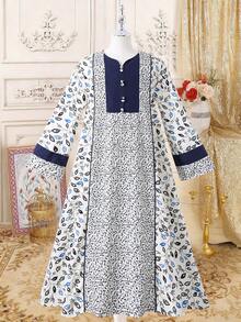 1pc Ramadan Leaf Print V-Neck Loose Robe, Traditional Arabic Clothing - Baby Blue - View 8
