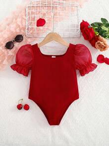 SHEIN Mono de manga abullonada con cuello para niña en unicolor - Rojo - Ver 1