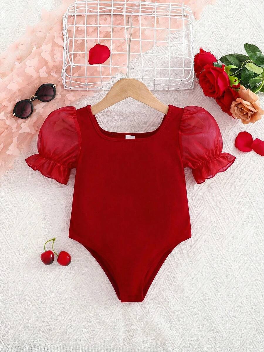 SHEIN Mono de manga abullonada con cuello para niña en unicolor - Rojo - Ver 1