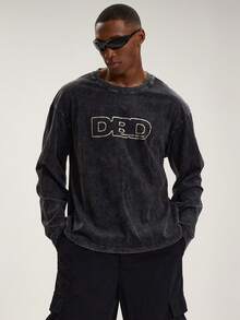 Musero 长袖圆领印花水洗T恤，DBD图案，春夏必备叠穿单品 - 黑色 - 查看 1