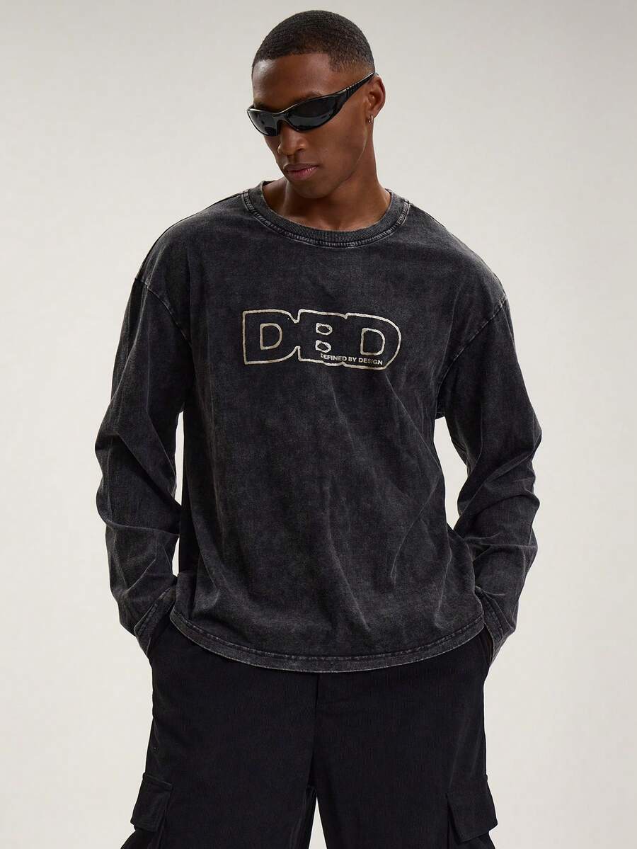 Musero 长袖圆领印花水洗T恤，DBD图案，春夏必备叠穿单品 - 黑色 - 查看 1