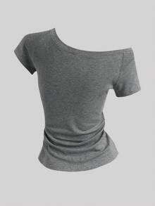 Sweetra Women's Grey Asymmetrical Shoulder Short Sleeve T-Shirt With Embroidered Knight On Horse Logo, Summer - Grey - View 2