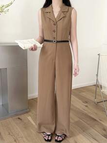 SHEIN Teen Girls' Khaki Lapel Collar Loose Wide Leg Jumpsuit, Waist Cinched, Minimalist Chic Fashion, Spring/Summer - Khaki - View 6