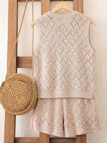 Franclia Bộ 2 món áo vest dệt kim rộng rãi và quần short khoét lỗ dành cho nữ, kiểu dáng châu Âu & Mỹ, áo len cổ tròn phong cách boho cổ điển, áo len móc mùa hè, bộ quần short mùa hè, bộ quần short boho, bộ quần short nữ, bộ quần short thường ngày. - Màu Khaki - Xem 2