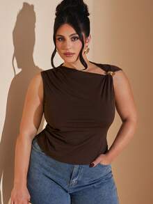 SHEIN BAE Áo không tay dáng suông cổ lệch với điểm nhấn kim loại. - Cà phê nâu - Xem 5