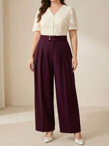 Modelyn Calça Pantalona Plissada de Cor Sólida Elegante Plus Size, Adequada para Uso Diário - Vinho - Visão 4