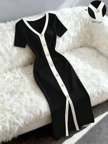 Franclia 女士法式撞色V领饰边竖条纹纽扣前开衩下摆休闲/工作连衣裙 - 黑與白 - 查看 4