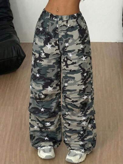 Teenage Girls' Loose Straight Leg Cargo Pants, High Waist Camouflage Star Print, Casual Street Style, Versatile For Summer Daily Wear And Outings