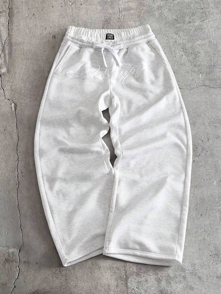 AXEPEAK 男士字母印花抽绳腰带口袋休闲日常运动裤 - 淺灰色 - 查看 1