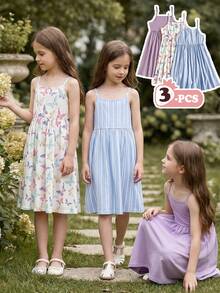 Vintaside Kids Girls' 3-Piece Camisole Dress Set, Elastic Leopard Print & Striped Sleeveless Dress, Perfect For Summer Vacation Parties With Multi-Color Casual Collars, Color Blocking, Leopard Print, Floral Prints, Camisole Vest Embellishment, Medium Elasticity - Multicolor - View 4