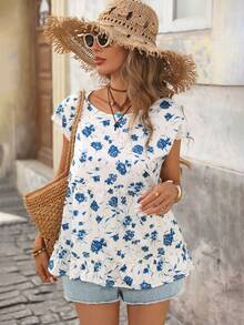 Brillora Women's Elegant Romantic Vacation Print Blouse Short Sleeve Summer Tops Women Summer Blouse Top Flower Tops For Women Cotton Tops Women Summer Summer Casual Tops,Women's Elegant Clothing For Spring To Summer