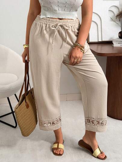 Ceyna 大码泡泡褶皱镂空花卉饰边抽绳休闲裤，春夏百搭