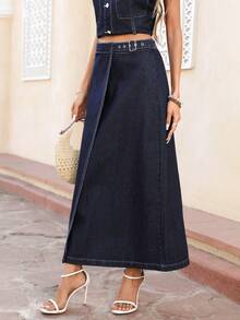 Selianne 女士休闲A字牛仔迷你裙，适合日常通勤 - 深色水洗藍 - 查看 5