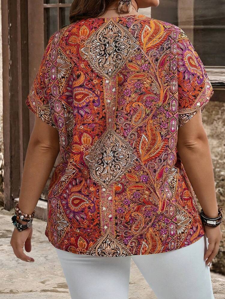 Plus Size Women's Bohemian Style Printed Button Embellished Short Sleeve Shirt For Spring And Summer