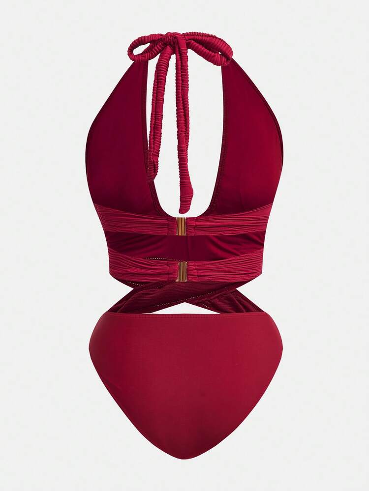 SHEIN Maija Traje de baño de una pieza con diseño hueco texturizado de unicolor y escote halter sexy para mujer