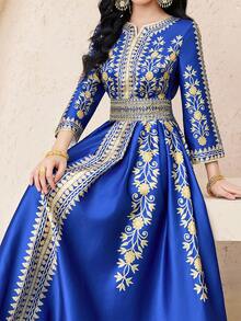 SHEIN Teen Girls' Royal Blue V-Neck Puff Sleeve A-Line Dress,Graphic Pattern Arabic Abaya Gown For Wedding,Autumn Elegant Modest Long Dresses For Girls - Royal Blue - View 2