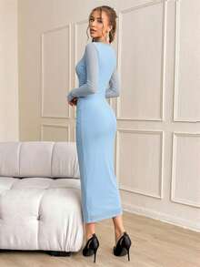 Firerie Đầm dài tay xếp ly bằng vải lưới thanh lịch dành cho nữ - Màu xanh lam - Xem 2