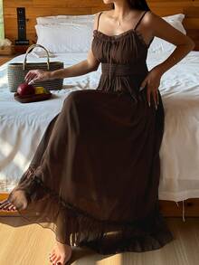 DAZY 浪漫雪纺褶皱吊带高腰荷叶边下摆女式长裙