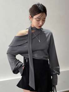 DAZY Solid Asymmetrical Neck Drop Shoulder Blouse With Tie,Long Sleeve Tops - Grey - View 7