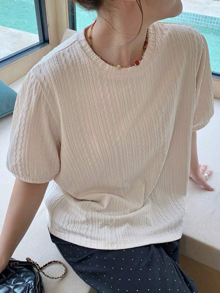 Dazy Plus Textured Fabric Crew Neck Loose Casual White T-Shirt