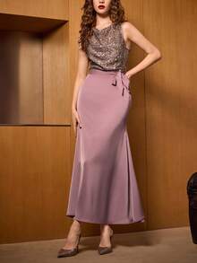 Uhlyne Uhlyne Gaun Pesta Seksi Tanpa Lengan Berpayet dengan Potongan Pinggang yang Pas - Dusty Pink - View 5