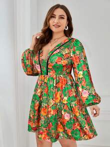 SHEIN VCAY Plus Size Elegant Floral Print Tie-Waist Backless Dress, Suitable For Commuting - Royal Blue - View 3