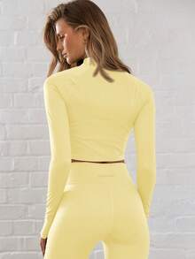 Musera Sport Zip Through Mock Neck Cropped Activewear Top Jacket, Padel, Tennis, Pickleball Gym Fitness Fall Yoga Pilates Daily Casual - Butter Yellow - View 3