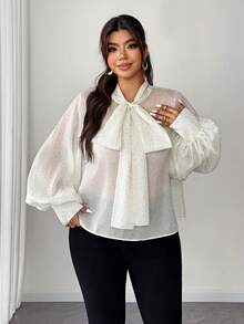 Elenzga 大码优雅通勤波点印花系领灯笼袖衬衫 - 杏色 - 查看 4