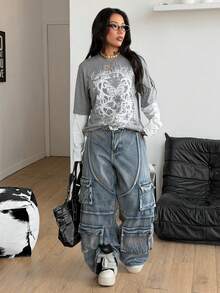 Coolane 女士秋冬街头休闲嬉皮学院风朋克哥特风纯棉印花宽松长袖T恤 - 灰色 - 查看 2