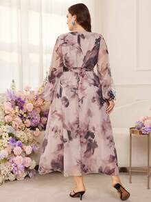 Modelyn Vestido maxi de manga larga elegante, intelectual y hermoso para mujeres de talla grande, con estampado de teñido anudado y patrón floral romántico de vacaciones en gasa de estilo elegante - Multicolor - Ver 2