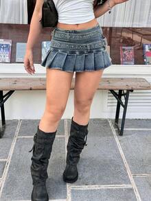 SHEIN EZwear 女士纯色褶裥腰带休闲牛仔裙 - 藍色 - 查看 6