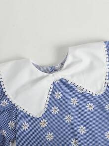 SHEIN Tween Girl Plaid Daisy Pattern Puff Sleeve Cute Dress - Blue - View 3