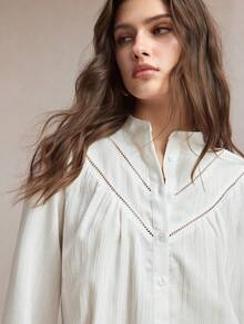 BizChic 2026 Spring/Summer New White Textured Crinkle Fabric Lace Trim Ribbon Patchwork Front Button Closure Ladies Blouse - White - View 10