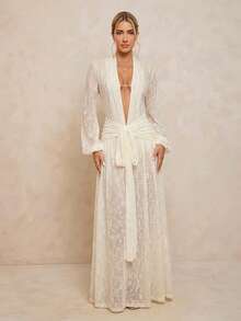 Lumalex 低调老钱锐舞节服装 正式低调老钱夏季泳装泳衣泳装度假优雅复活节波西米亚风 BOHO 海滩热门户外丰富层次婚礼季宴会成人礼海滩海边女士超长连衣裙,配有可拆卸打底裤、V 领、泡泡袖、褶皱腰身、金属扣和宽松连衣裙长款针织提花薄纱连衣裙杏色礼服杏色婚礼宾客连衣裙 Love And Lemonade 连衣裙杏色长款连衣裙春夏,春季女装 - 白色 - 查看 4